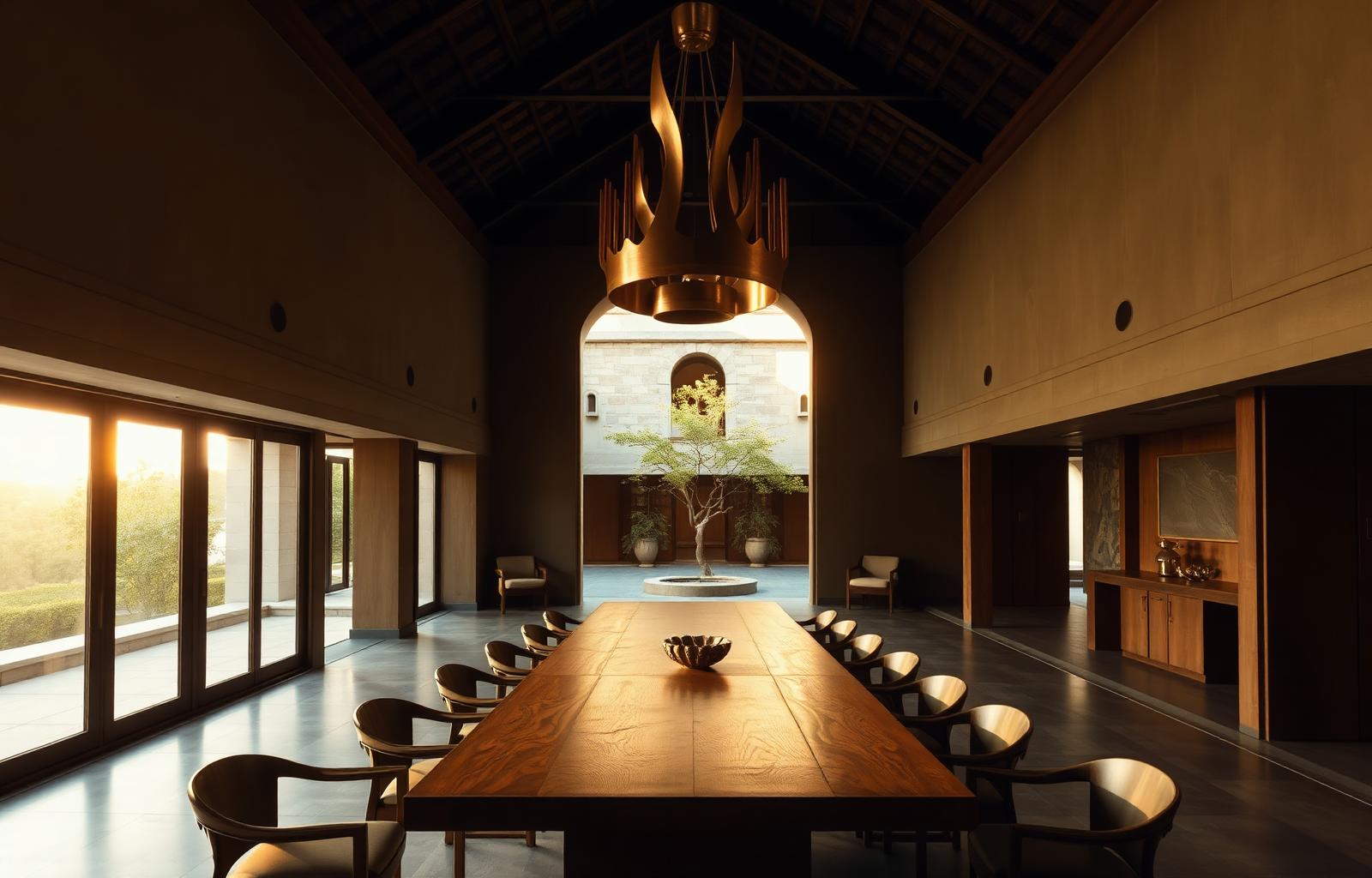 The Pavilion — luxury dining space with high ceilings and a courtyard view