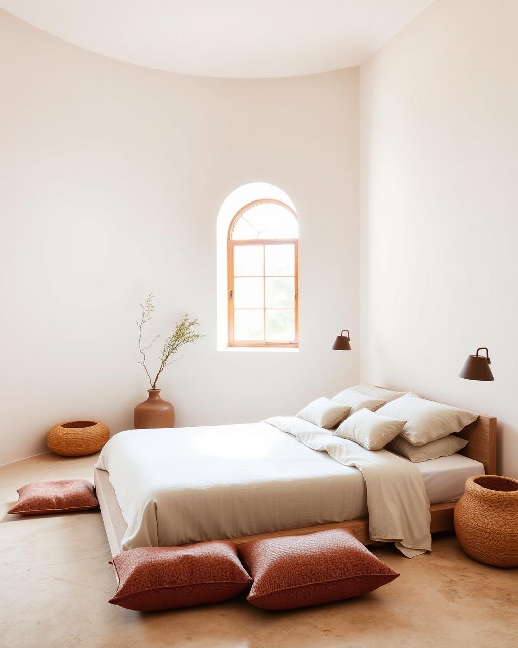 The Serenity Suite — minimalist bedroom with arched window and floor cushions